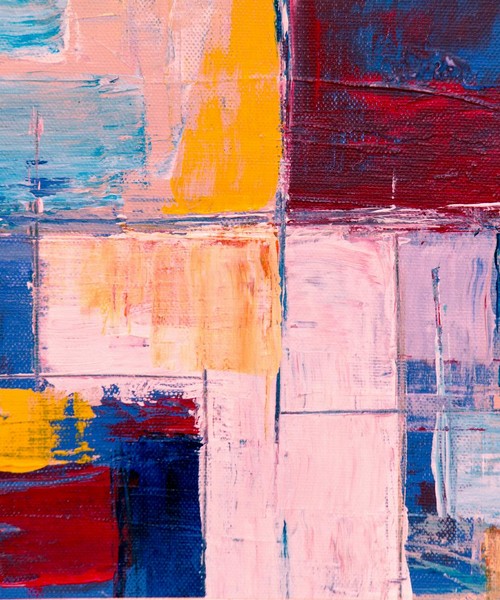 Vibrant abstract painting with bold colors and geometric shapes.